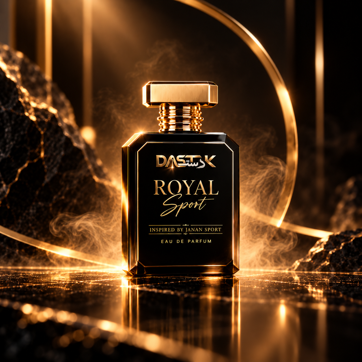 A dramatic single-bottle composition on dark stone with glowing gold highlights and atmospheric smoke.