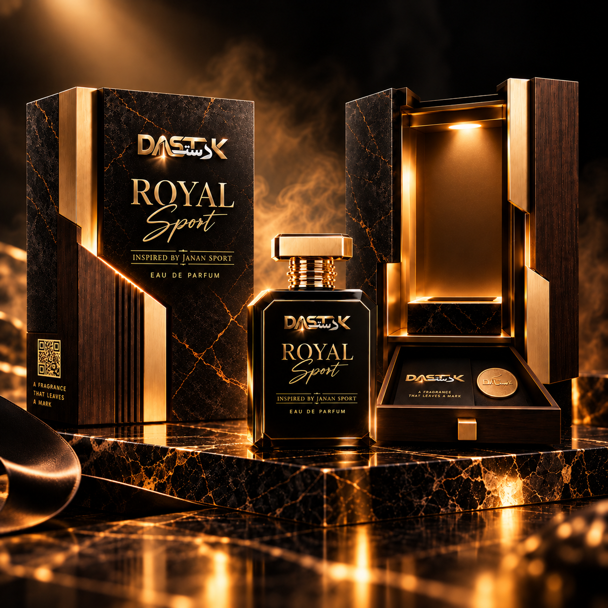 A premium unboxing-style presentation showcasing the bottle with its luxury packaging and presentation case.
