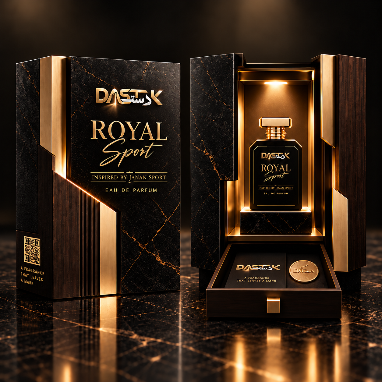 A premium unboxing-style presentation showcasing the bottle with its luxury packaging and presentation case